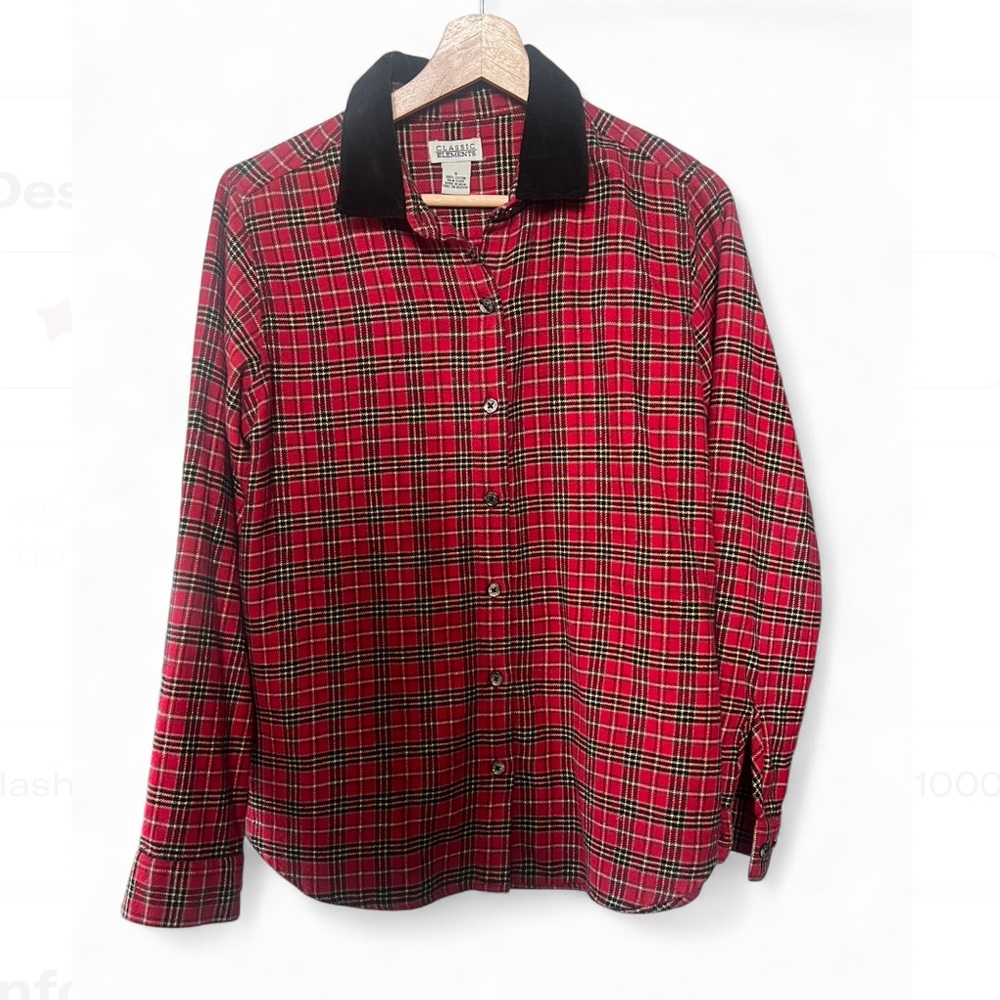 Vintage cotton flannel red plaid button up with velvet trim size S